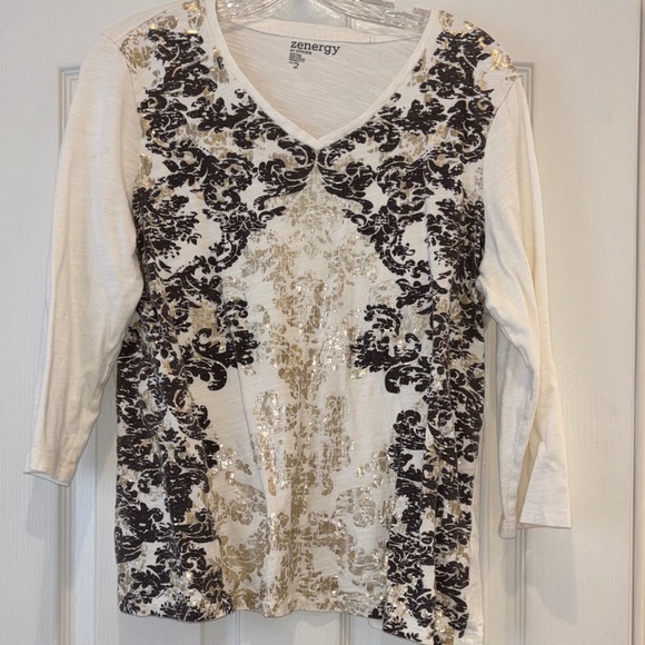Zenergy by Chico's Tops - Zenergy Cream V-Neck Long Sleeve Top with Black & Gold Accent